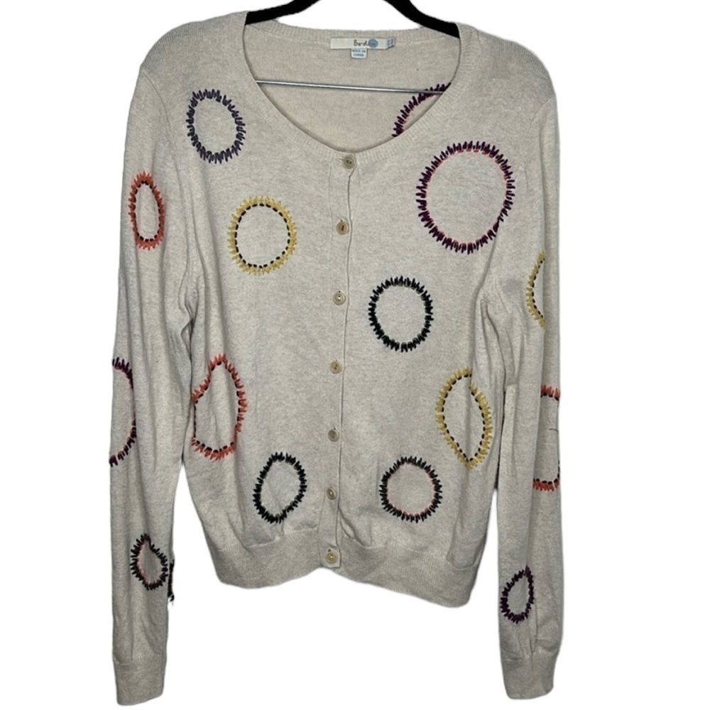Boden Tan Rainbow Embroidered Circle Button Up Cardigan Women's Size 12 BLEMISH